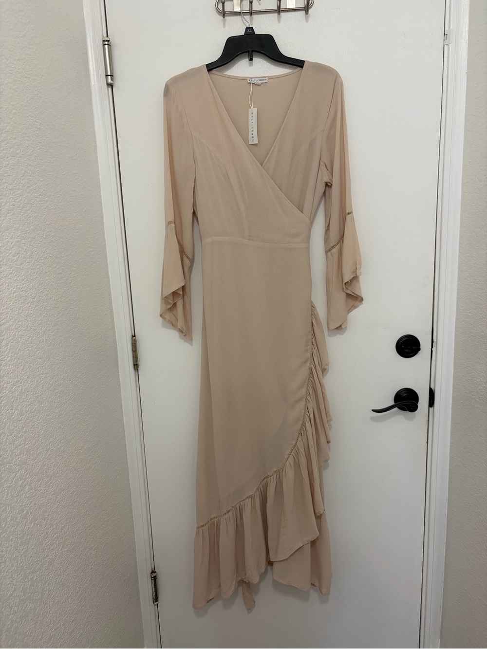 Baltic Born Nude-Beige Wrap Ruffle Maxi Dress